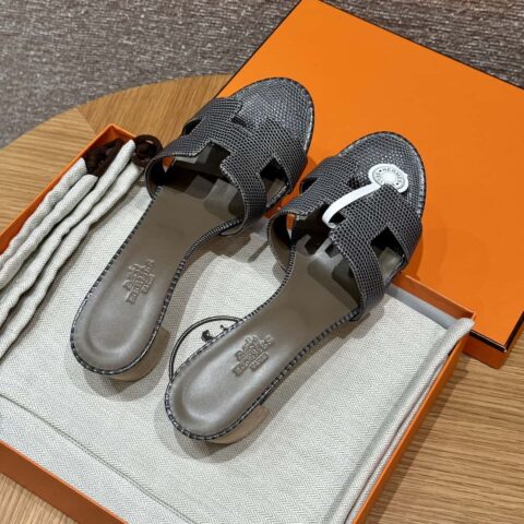 HERMES 185 Oasis 高跟凉拖 蜥蜴🦎/Lizard 麻绳灰/84/Gris fonce