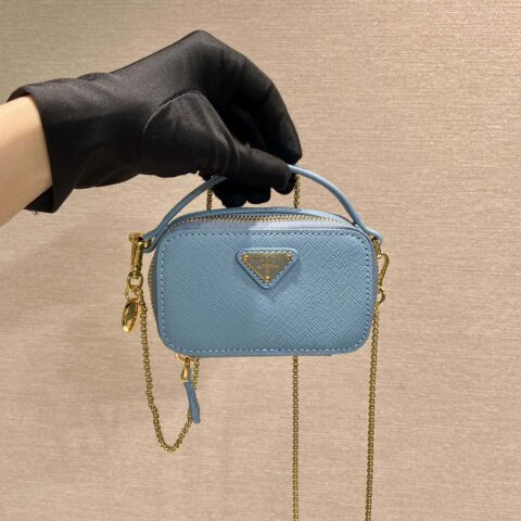 PRADA🎉迷你小斜跨包🎉1NR025十字纹牛皮 蓝色
