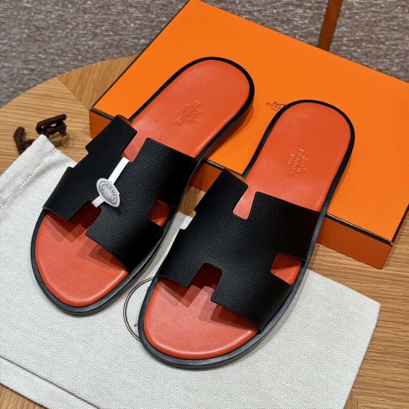 HERMES 182 -Lzmir Men's slippers男士拖鞋 牛皮/Epsom 黑色/ck89/配橙垫脚