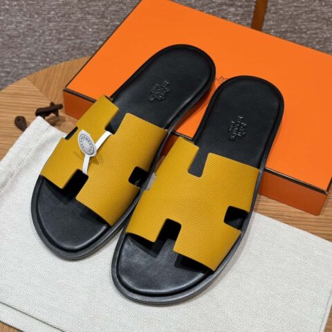 HERMES 182 -Lzmir Men's slippers男士拖鞋 牛皮/Epsom 琥珀黄/9D Jaune Amdre/配黑垫脚