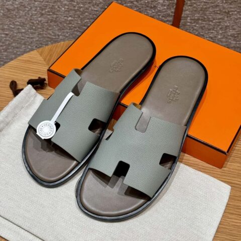 HERMES 182 -Lzmir Men's slippers男士拖鞋 牛皮/Epsom 冰川蓝/8U/Blueglacier/配大货垫脚