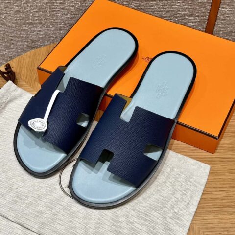 HERMES 182 -Lzmir Men's slippers男士拖鞋 牛皮/Epsom 海军蓝/7U/Blue Navy/配马卡龙垫脚