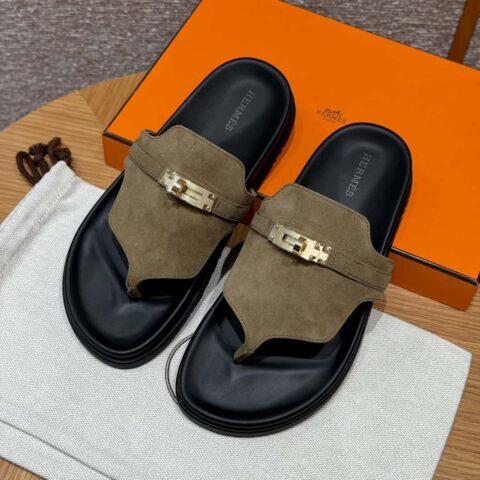 HERMES 258 Empire 夹脚拖 灰绿色/Grayish green 麂皮/Chamois leather