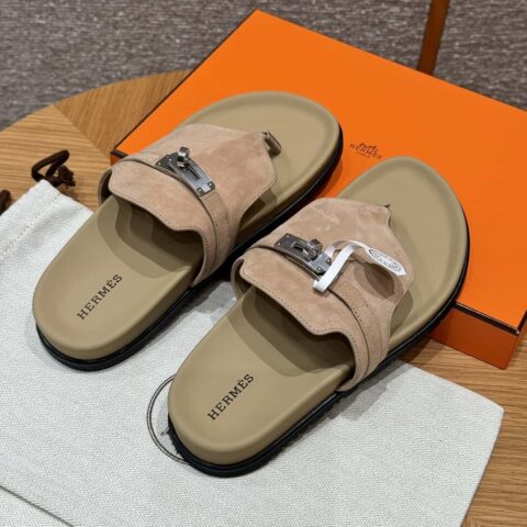 HERMES 258 Empire 夹脚拖 粘土米色/clay beige 麂皮/chamois