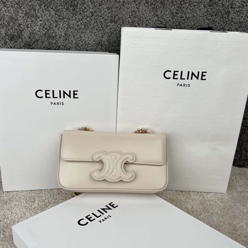 CELINE TRIOMPHE 亮泽牛皮革链条肩背包 199243白色