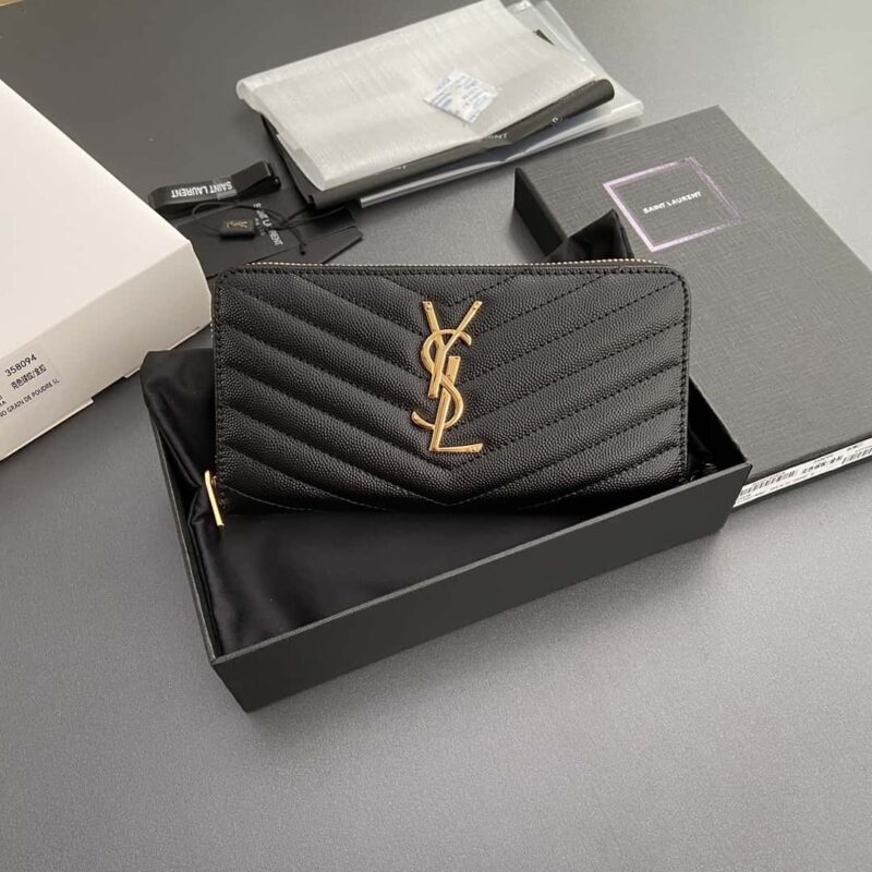 YSL MATELASSE翻盖粒面压印皮革环绕式拉链钱包 358094