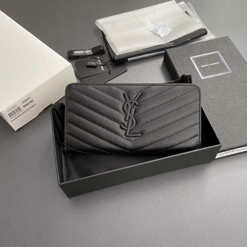 YSL MATELASSE翻盖粒面压印皮革环绕式拉链钱包 358094