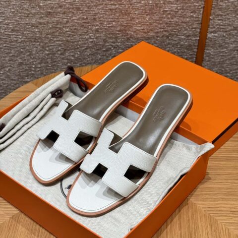 HERMES 181 Oran 拖鞋 01/Blanc/纯白色 Epsom/掌纹