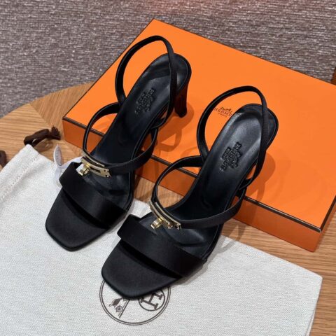 HERMES 160 Glamour 凉鞋 75 ck89/black/黑色 绉缎/Crepe satin