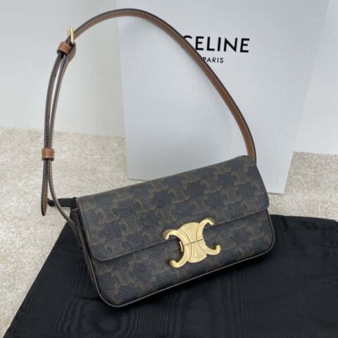 CELINE TRIOMPHE标志印花牛皮革肩背包黄褐色 194143