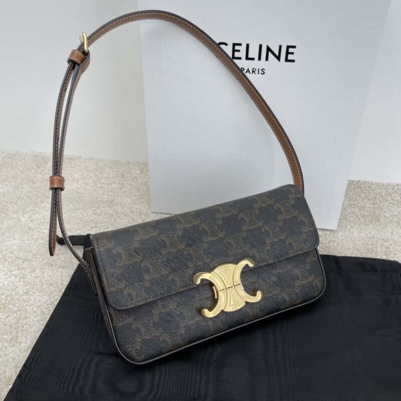 CELINE TRIOMPHE标志印花牛皮革肩背包黄褐色 194143
