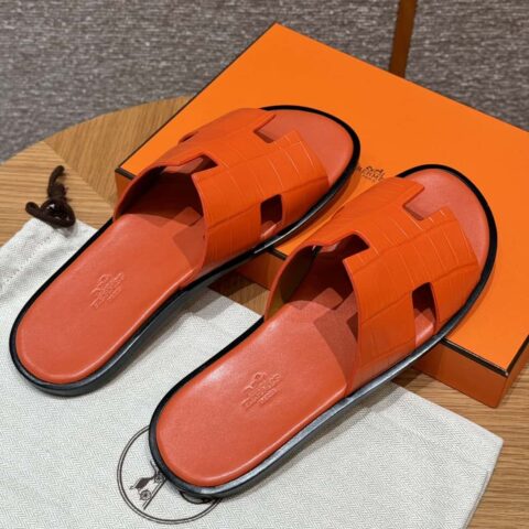 HERMES 182 -Lzmir Men's slippers男士拖鞋 93/Orange/橙色 alligator/鳄鱼🐊