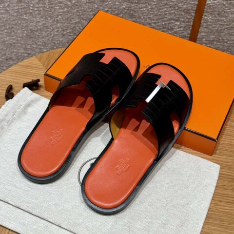 HERMES 182 -Lzmir Men's slippers男士拖鞋 黑色/89/Black/配橙垫脚 alligator/鳄鱼🐊