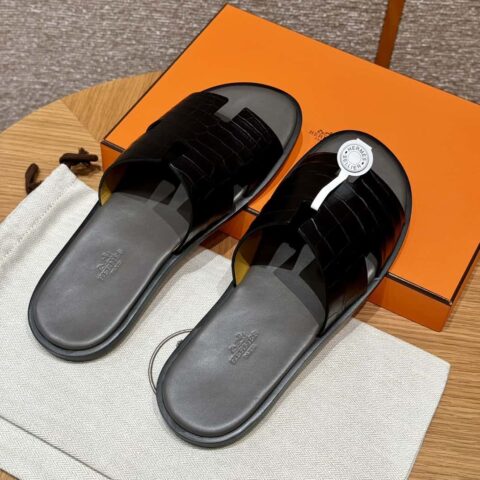 HERMES 182 -Lzmir Men's slippers男士拖鞋 黑色/89/Black/配锡器灰垫脚 alligator/鳄鱼🐊