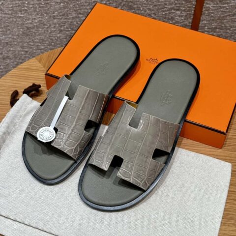 HERMES 182 -Lzmir Men's slippers男士拖鞋 斑鸠灰/ck81/配锡器灰垫脚 alligator/鳄鱼🐊