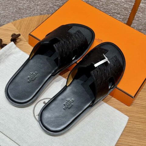 HERMES 182 -Lzmir Men's slippers男士拖鞋 黑色/89/Black/配黑色垫脚 鸵鸟🐦/Ostrich