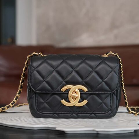 CHANEL 𝟐𝟒𝐛 双𝐂 𝒍𝒐𝒈𝒐 口盖包 黑金 正品皮 AS5026 B17620 94305