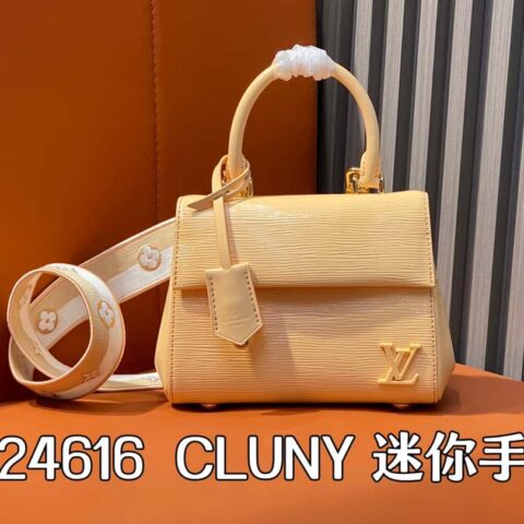 【原单精品】M24616杏色漆皮 水波纹手提包系列 CLUNY 迷你手袋 M58928 M24616 亮光酒红 （布肩彩标）