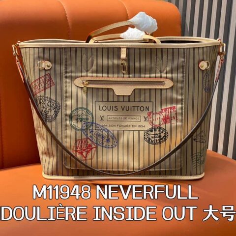 【原单精品】M11948老花杏色（印章双面） 大号购物袋系列 NEVERFULL BANDOULIÈRE INSIDE OUT 大号手袋