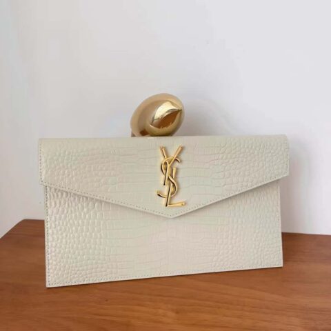 YSL 𝑼𝒑𝒕𝒐𝒘𝒏_鳄鱼纹手拿包 565739白色/金扣