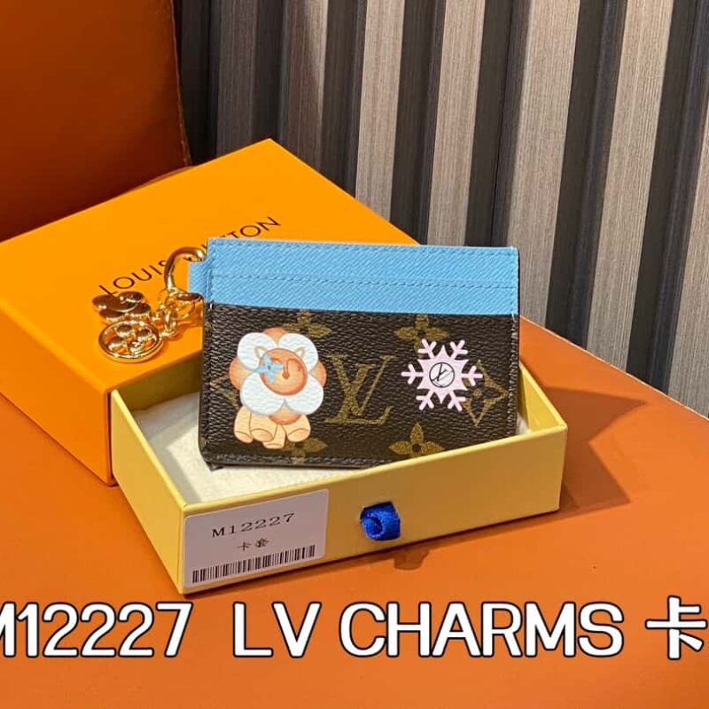 M12227老花蓝色 圣诞款卡包钱包系列 LV CHARMS 卡夹 m12215 老花/红色 m12227 老花/蓝色 丝印 LV Charms Ms卡夹