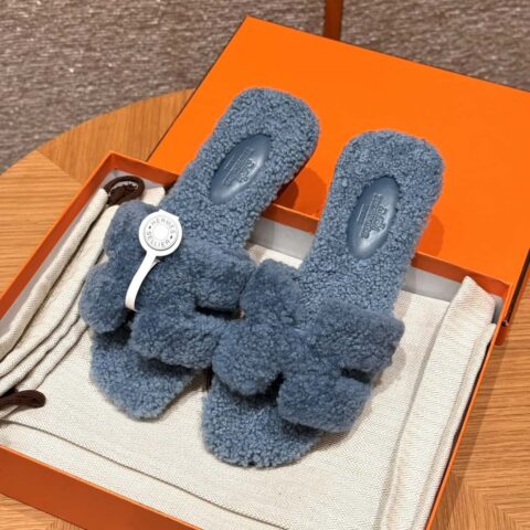 HERMES 181 Oran 凉拖 蓝色/Blue 羊毛皮/woolskin