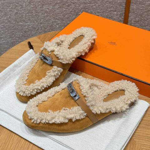 HERMES 188 Oz Mule 穆勒鞋 天然色/浅米色/Naturel/Ecru 羊毛/Woolskin/麂皮/Chamois leather