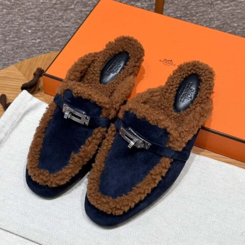 HERMES 188 Oz Mule 穆勒鞋 海军蓝/Marine/金色/Gold 羊毛/Woolskin/小牛皮/Calfskin