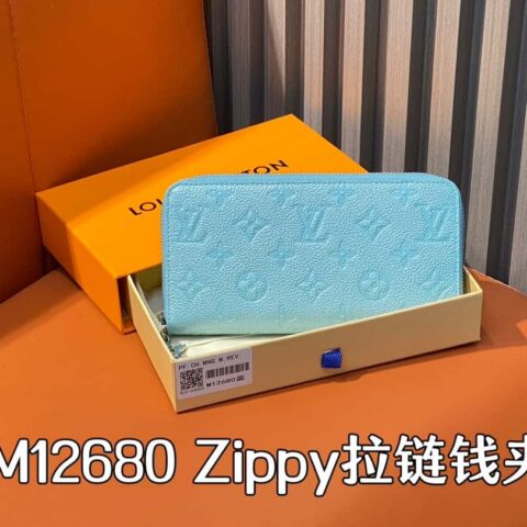 【原单精品】M12680珠光蓝全皮压花 单拉链钱包系列 Zippy拉链钱夹