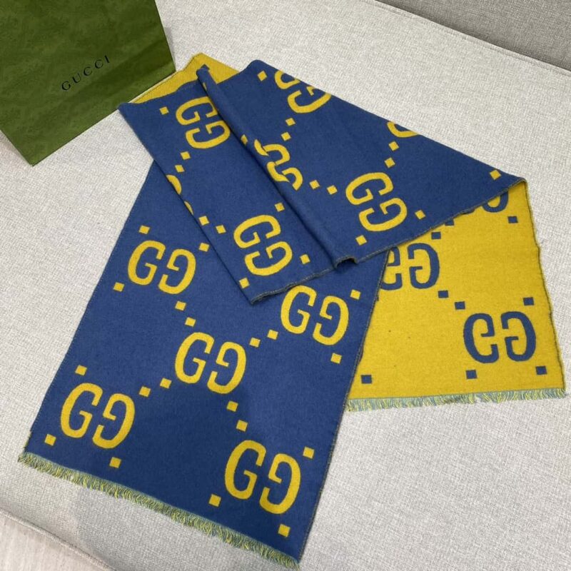 GUCCI GG提花羊毛真丝混纺围巾 拼色