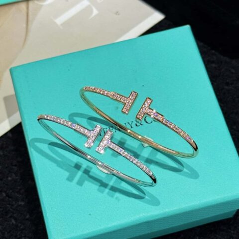 ❗️CNC版本❗️ ☀️Tiffany&co 蒂芙尼 经典款T字系列 半满钻银色玫瑰金双T手镯 ☀️