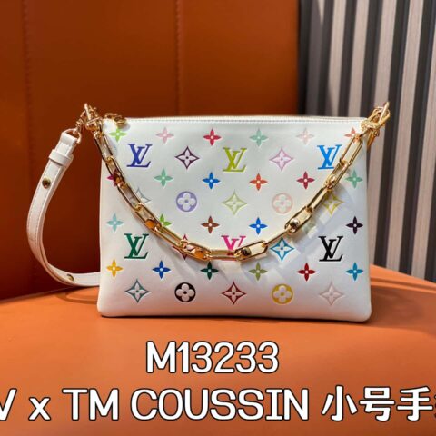 【原单精品】M13233白彩 全皮链条包 LV x TM COUSSIN 小号手袋 白色/三彩（村上隆
