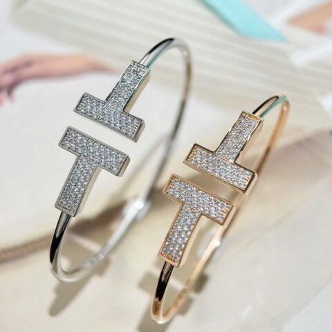 ❗️CNC版本❗️  ☀️Tiffany&co 蒂芙尼 经典款宽版T字系列 满钻银色玫瑰金双T手镯 ☀️