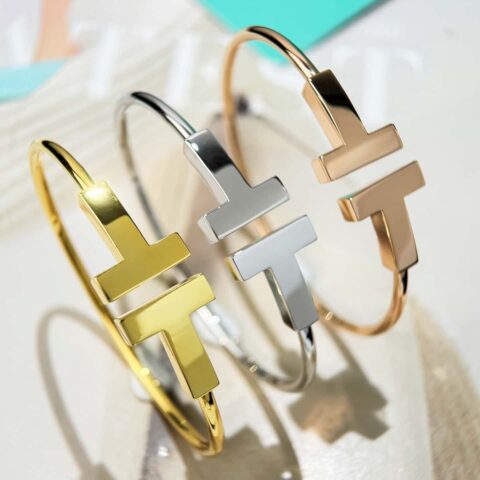 ❗️CNC版本❗️  ☀️Tiffany&co 蒂芙尼 经典款宽版T字系列 光面金色银色玫瑰金双T手镯