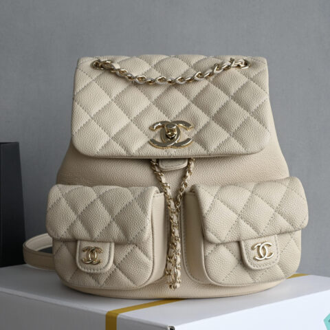 CHANEL双口袋青蛙🐸复古背包 浅杏 中号 AS3860
