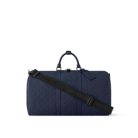 【原单精品】M14840深蓝色 全皮压花旅行袋 KEEPALL BANDOULIÈRE 50 旅行袋
