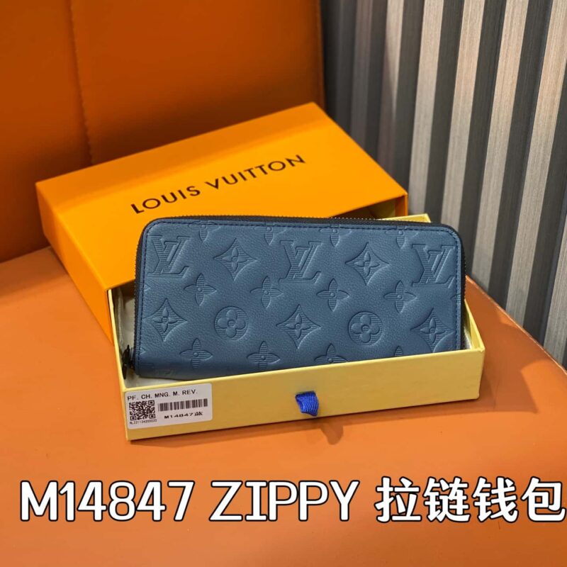 【原单精品】M14847深蓝色 全皮压花单拉链钱包 ZIPPY 拉链钱夹