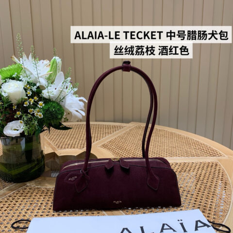 ALAIA LE TECKET 06033腊肠犬包 中号 丝绒荔枝 酒红色