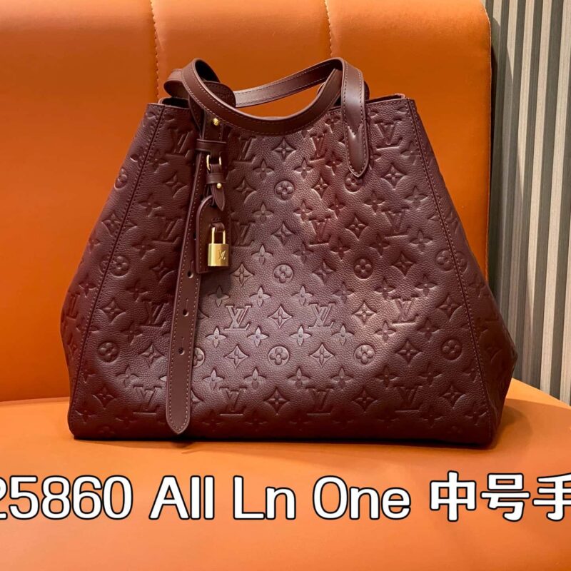 【原单精品】M25860枣红色 全皮压花购物袋 All Ln One 中号手袋