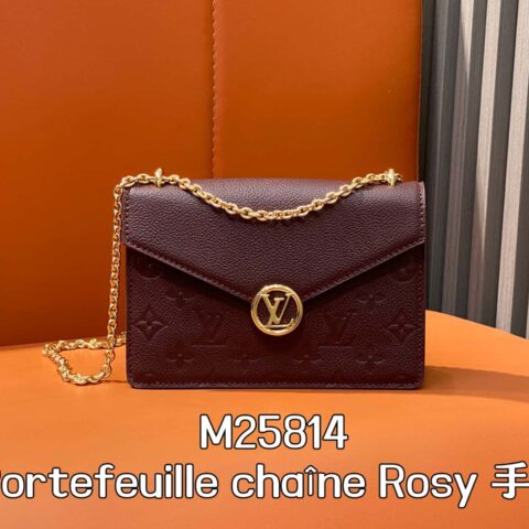 【原单精品】m25814 枣红色 全皮压花链条信封包 Portefeuille chaîne Rosy 手袋
