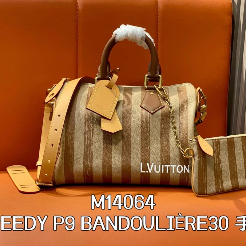 【原单精品】M14064卡其条纹 全皮speedy枕头包 SPEEDY P9 BANDOULIÈRE30 手袋