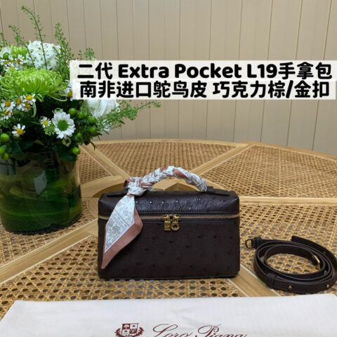 Loro Piana 二代Extra Pocket L19手拿包 FAO8505鸵鸟皮 巧克力棕/金扣