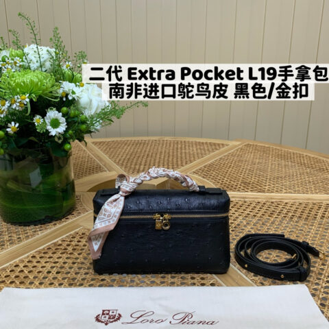 Loro Piana 二代Extra Pocket L19手拿包 FAO8505鸵鸟皮 黑色/金扣