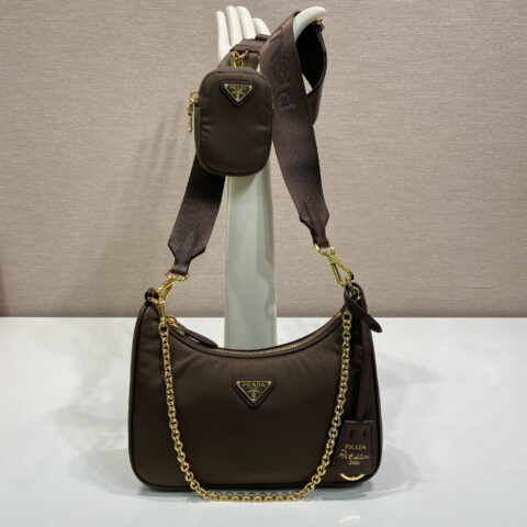 PRADA nylon Hobo手拎/腋下包 赭褐色 1BH204金色五金