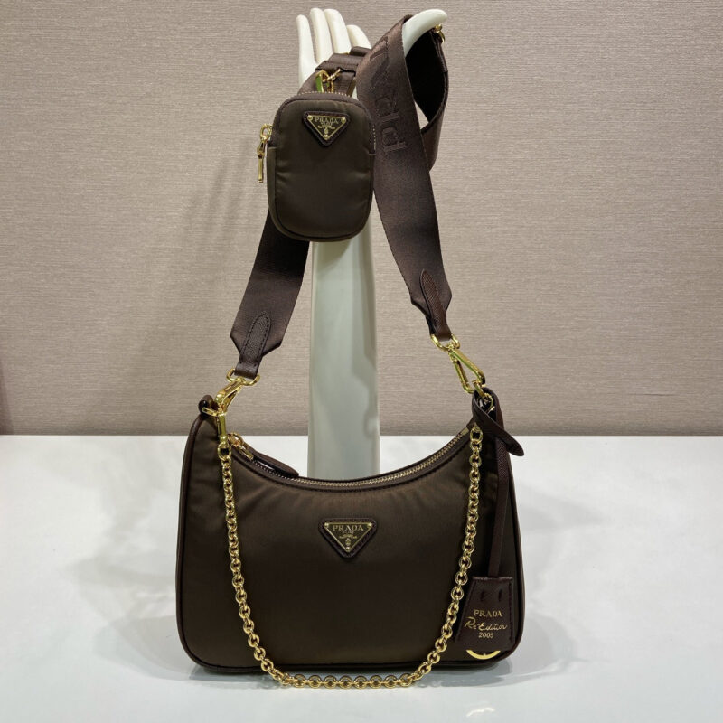 PRADA nylon Hobo手拎/腋下包 赭褐色 1BH204金色五金