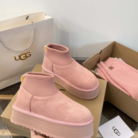 袜套两穿靴 𝐔𝐆𝐆 || 𝟐𝟎𝟐𝟓秋冬Mini迪普羊毛毛粉色袜筒靴//厚底雪地靴