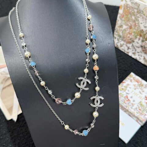 ☀️新款☑️ 香奈儿双C 25A 蓝粉爱心珍珠毛衣链项链