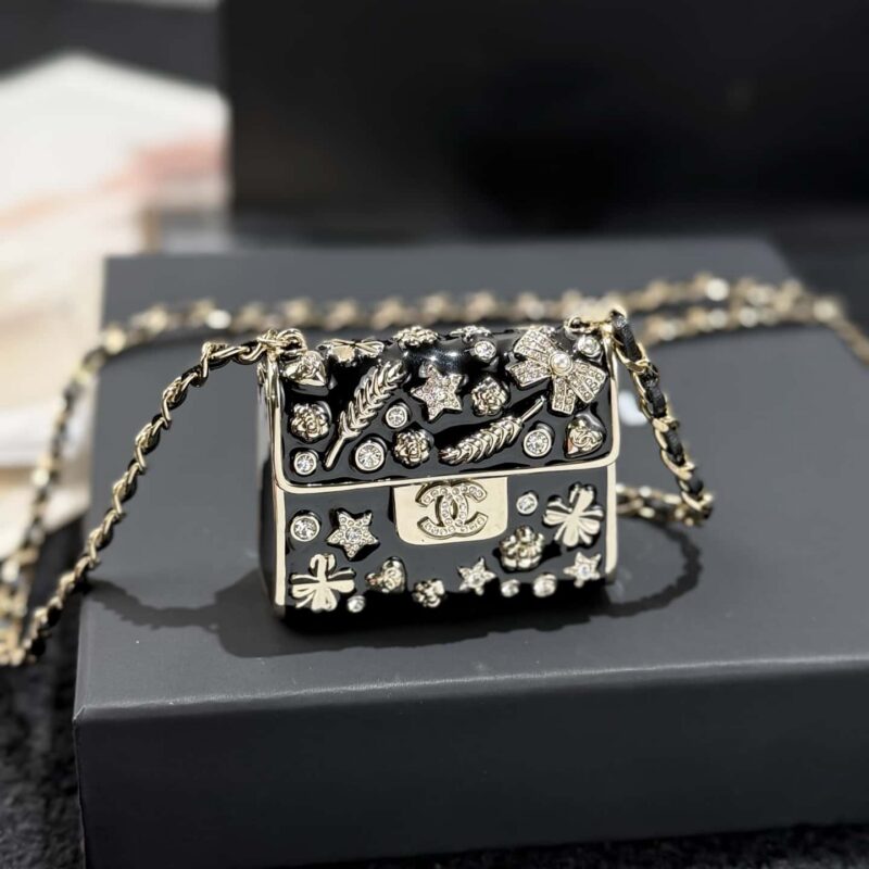 新品 新款 香奈儿26C 金色黑皮迷你斜挎包项链