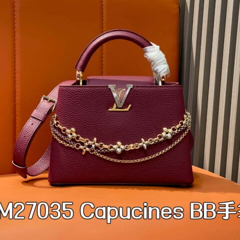 【原单精品】M27035酒红 全皮cap那英款链条包 Capucines BB 手袋