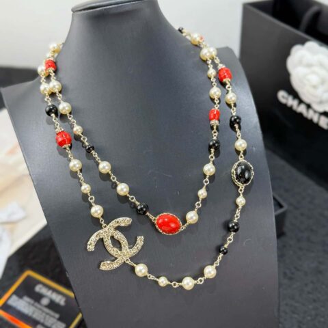 ☀️新款☑️ 香奈儿双C 25A 黑红椭圆珍珠毛衣链项链